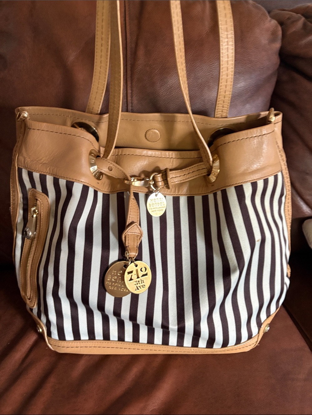 henri bendel Brown and Cream Striped Shoulder Tote